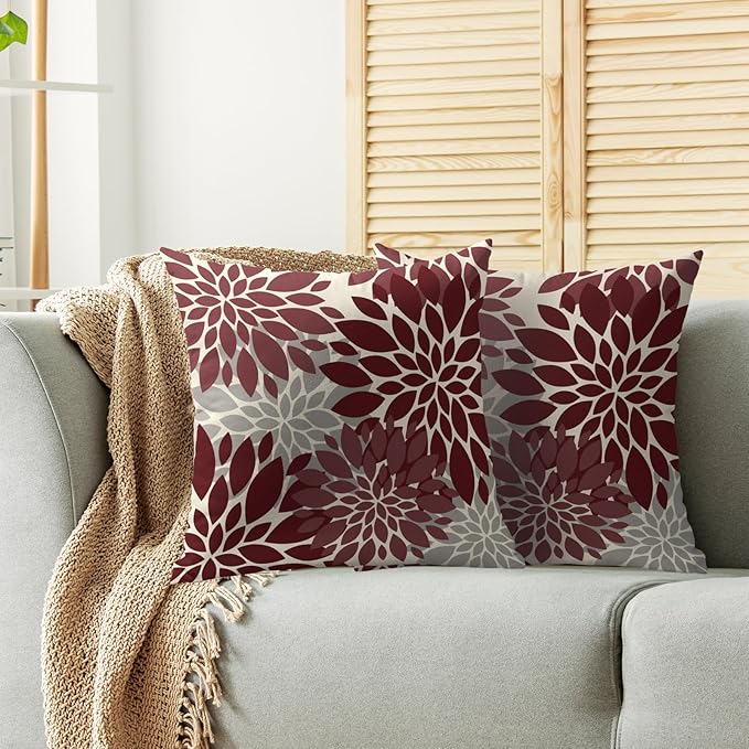 Burgundy Grey Gray Pillow Covers 20X20 Inch Set of 2, Dahlia Flower Spring Summer Floral Cream Decorative Throw Pillow Covers Outdoor Modern Farmhouse Cushion Case for Home Couch Sofa Bed Decor