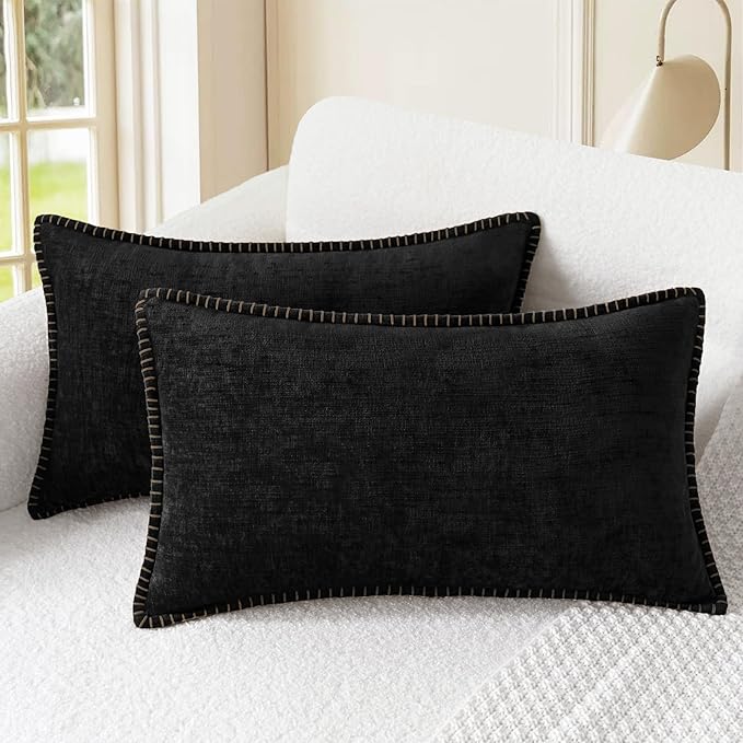 CaliTime Throw Pillow Covers Decorative 12 X 20 Inches Pack of 2 Cotton Thread Stitching Edges Solid Dyed Soft Chenille Cushion Cases for Couch Sofa Bed Living Room Farmhouse Black