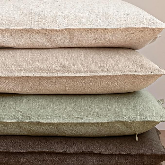 Foindtower Pack of 2, Decorative Linen Solid Throw Pillow Covers Soft Accent Cushion Case Boho Farmhouse Pillowcase for Chair Couch Sofa Bedroom Living Room Home Decor 24 x 24 Inch Light Sage Green