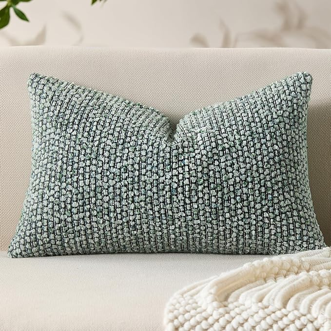 Decorative Lumbar Pillow Cover 12x20 Green Striped Soft Wool Lumbar Throw Pillow Neutral Textured Boho Cushion Covers for Modern Farmhouse Sofa Bedroom Living Room Decor SY011-D12