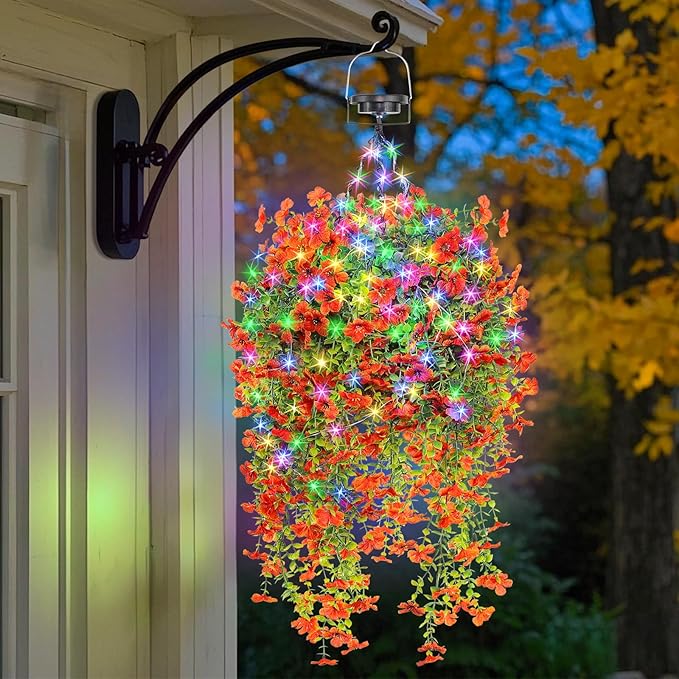 Outdoor Hanging Basket with Artificial Flowers: Fake Plants Basket with Solar String Lights for Garden Enthusiasts - 10 Inches Solar Faux Silk Flower Baskets for Home Porch Wall Patio Tree Decor