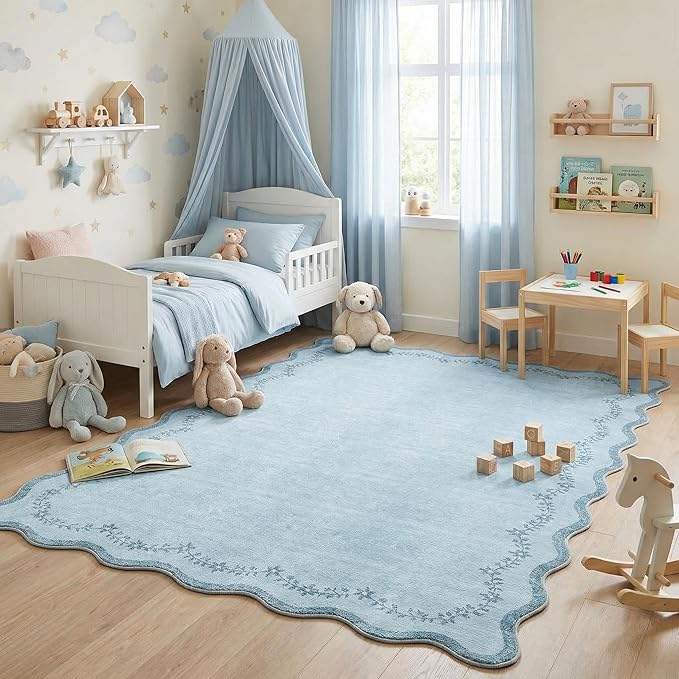 GarveeHome 5x7 Scalloped Area Rug Blue Washable Rugs for Living Room Bedroom, Soft Low Pile Non Slip Accent Floor Mat Solid Floral Print Throw Rug Farmhouse Indoor Carpet for Dorm Playroom