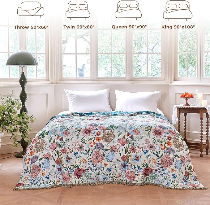 Boho Throw Blanket for Bed Cotton Spring Blankets for Bedroom Living Room Twin All Season Lightweight Floral Embroidery Quilt for Couch Sofa Chair 60"x80"