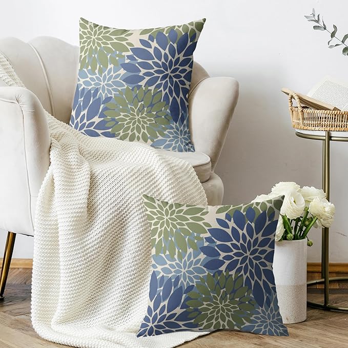 Blue Green Pillow Covers 18X18 Inch Set of 2, Spring Summer Floral Dahlia Flower Cream Decorative Throw Pillow Covers Outdoor Modern Farmhouse Cushion Case for Home Couch Sofa Bed Decor