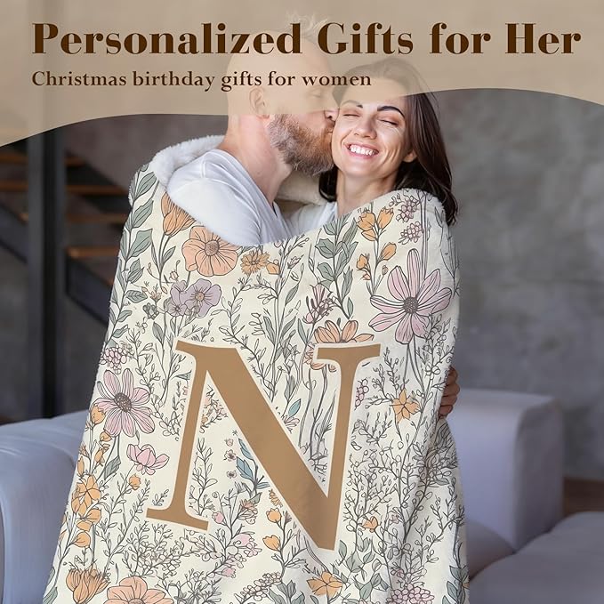 JXREQ Throw Blanket Initial Letter N Personalized Monogrammed Gifts for Women Teen Girls Frends, Boho Floral Throw Blankets for Bed Sofa Living Room Office, 50x60 Inch