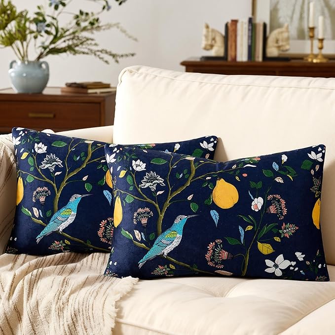 MUSSEL Navy Blue Floral Pillow Covers 12x20 Set of 2, Velvet Wild Flower Plant Throw Pillows Case, Square Farmhouse Decor Cushion Covers for Home Sofa Bed Couch