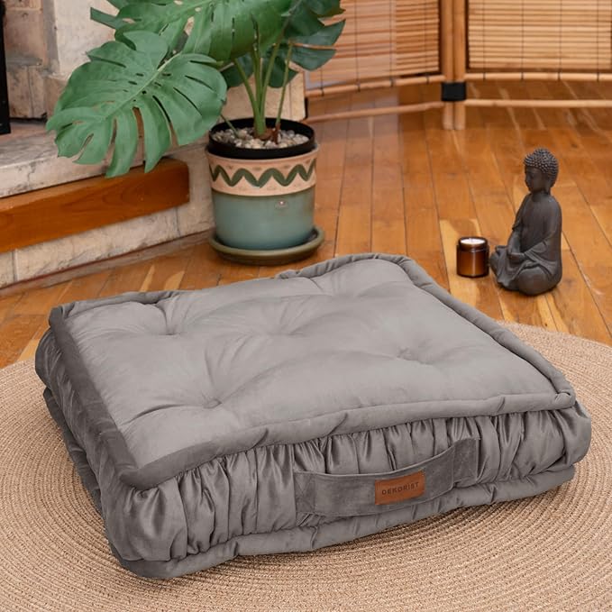 Square Floor Cushion, Floor Pillow Thick Floor Seating, Comfortable Supportive, Quilted Soft Booster Seat Pad for Yoga Meditation, Yoga Cushion, 22x22x4.7 Inch, Ibiza, Light Grey