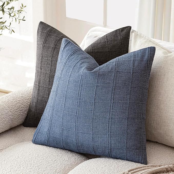 Foindtower Set of 2 Decorative Linen Check Throw Pillow Covers Neutral Farmhouse Vintage Cushion Covers Modern Coastal Boho Home Decor for Sofa Chair Couch Bedroom Living Room,16×16 Inch,Blue