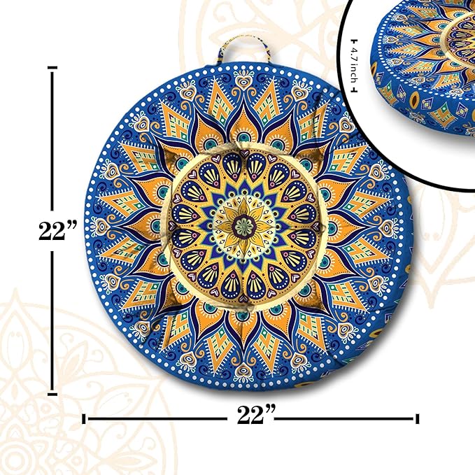 Mandala Meditation Cushion, Boho Meditation Mat, Meditation Pillows for Sitting on Floor, Cushions for Sitting in Home and Outdoor, Round Floor Pillows Cushion Seating for Yoga Accessories 22'' X 22''
