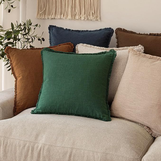 Foindtower Set of 2 Decorative Linen Fringe Throw Pillow Covers Cozy Boho Farmhouse Cushion Cover with Tassels Soft Accent Pillowcase for Couch Sofa Bed Living Room Home Decor, 20×20 Inch, Pine Green