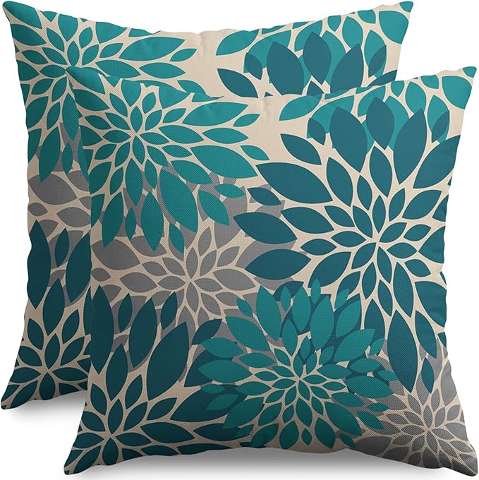 Teal Grey Gray Pillow Covers 22X22 Inch Set of 2, Modern Dahlia Floral Print Decorative Throw Pillow Covers Outdoor Farmhouse Cushion Case for Home Couch Sofa Bed Decoration