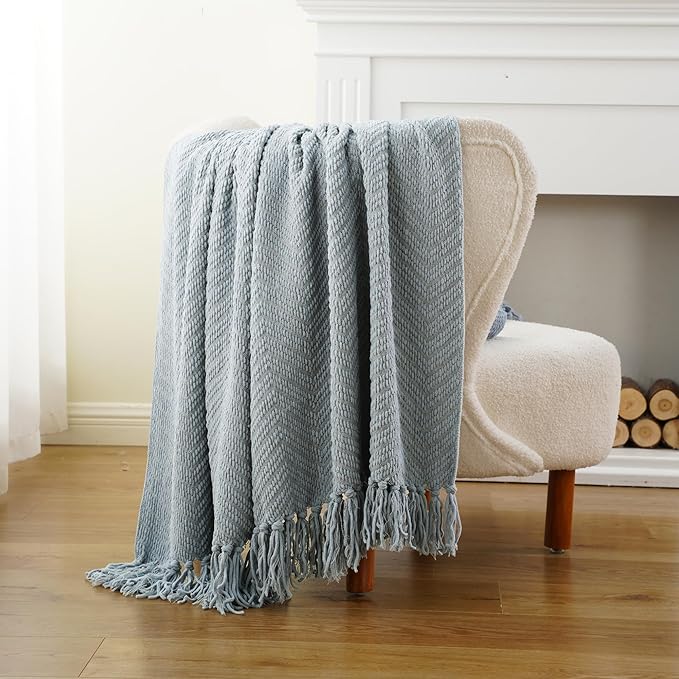 BATTILO HOME Blue Grey Throw Blanket for Couch, Chenille Knit Throw Blankets, Super Soft Dusty Blue Throw Blanket with Tassels for Bed,Sofa and Living Room,50" x 60"
