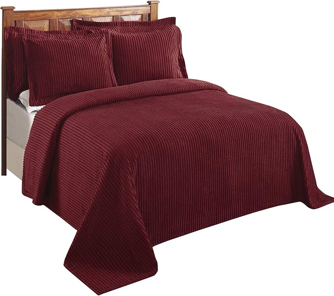 Better Trends Chenille Bedspreads Full/Double Size, Burgundy 100% Cotton Chenille Stripe Design Tufted Bedding Coverlet Soft Lightweight, 81"x110" 1 Pieces Jullian Collection
