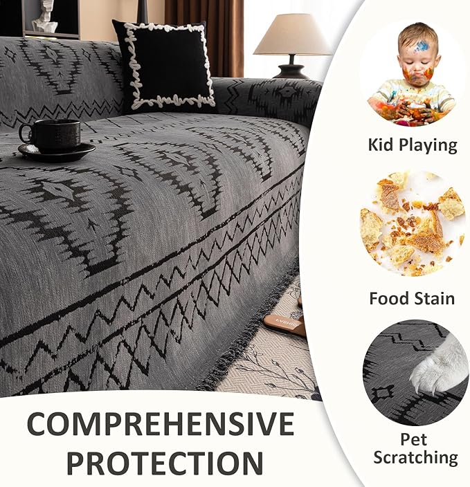 VClife Bohemian Couch Cover for Sofa Pet Washable Sofa Cover Non Slip Extra Large Couch Covers for 3-4 Cushion Couch Sofa, Boho Style Dark Gray Tribal Pattern Sofa Slipcover 71"X150"