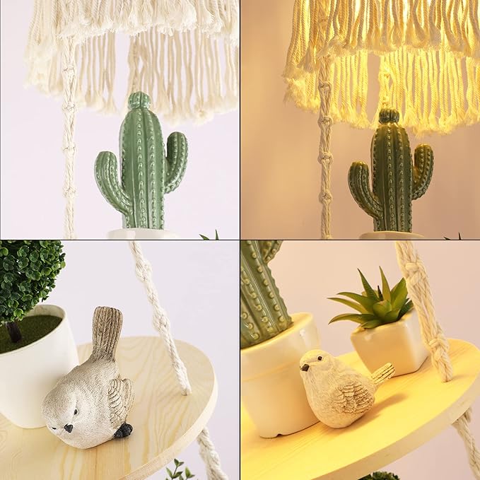 Boho Plug in Pendant Light Hanging Light with Plug in Cord,Dimmable Switch Hanging Lamp Macrame Lamp Shade and Plant Holder Shelf Indoor for Bohemian Decor Bedroom Corner Living Room