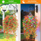 Outdoor Hanging Basket with Artificial Flowers: Fake Plants Basket with Solar String Lights for Garden Enthusiasts - 10 Inches Solar Faux Silk Flower Baskets for Home Porch Wall Patio Tree Decor