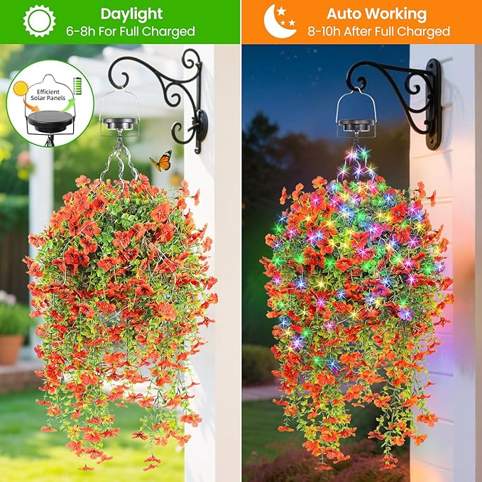 Outdoor Hanging Basket with Artificial Flowers: Fake Plants Basket with Solar String Lights for Garden Enthusiasts - 10 Inches Solar Faux Silk Flower Baskets for Home Porch Wall Patio Tree Decor