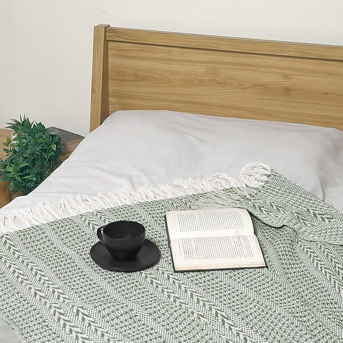 Chardin home - Sage Green & Ivory Braided Waffle Weave Throw, 50x60 in Recycled Cotton- Large, Wearable, Breathable, Skin-Friendly Everyday Blanket for Couch, Bed, Sofa - Soft Lightweight Picnic Rug
