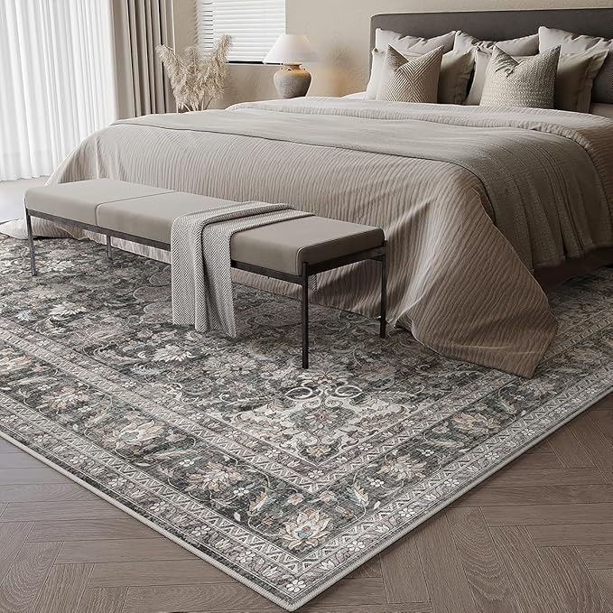8x10 Washable Vintage Area Rug Black Grey Living Room Bedroom Carpet Non-Slip Soft Low Pile Distressed Indoor Large Throw Rug for Dining Room Office