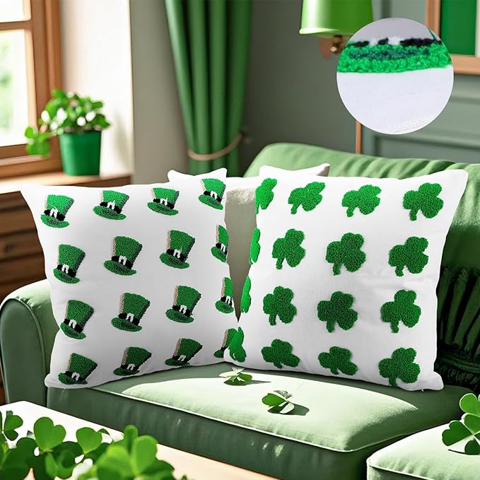 2 Pcs Tufted St. Patrick's Day Pillow Covers 18'' Green Clover Boucle Throw Pillow Cases 3D Soft Plush Faux Fur Wool Couch Cushion Case for Chair Sofa Bedroom Living Room Home Decor