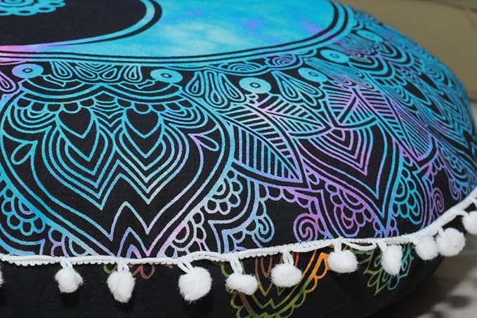 CRAFT KALA 22" Round Mandala Boho Pillow Cover Meditation Room Seating Poufs Cover for Living Room Yoga Room Home Bedroom Balcony Garden Party Decoration Cotton Floor Cushion Cover 22", Multi Yin Yang