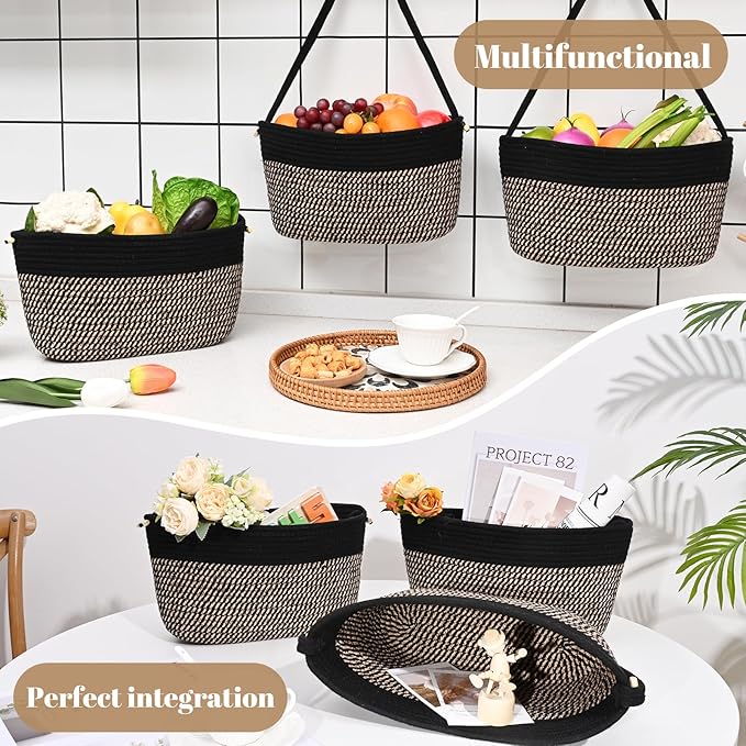 Hanging Basket, 3-Tier Wall Baskets, Over the Door Organizer with 4 Hooks, Hanging Baskets for Organizing, Woven Storage Basket Behind the Door for Nursery, Bedroom, Living Room, Kitchen