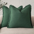 Foindtower Set of 2 Decorative Linen Fringe Throw Pillow Covers Cozy Boho Farmhouse Cushion Cover with Tassels Soft Accent Pillowcase for Couch Sofa Bed Living Room Home Decor, 18×18 Inch, Pine Green