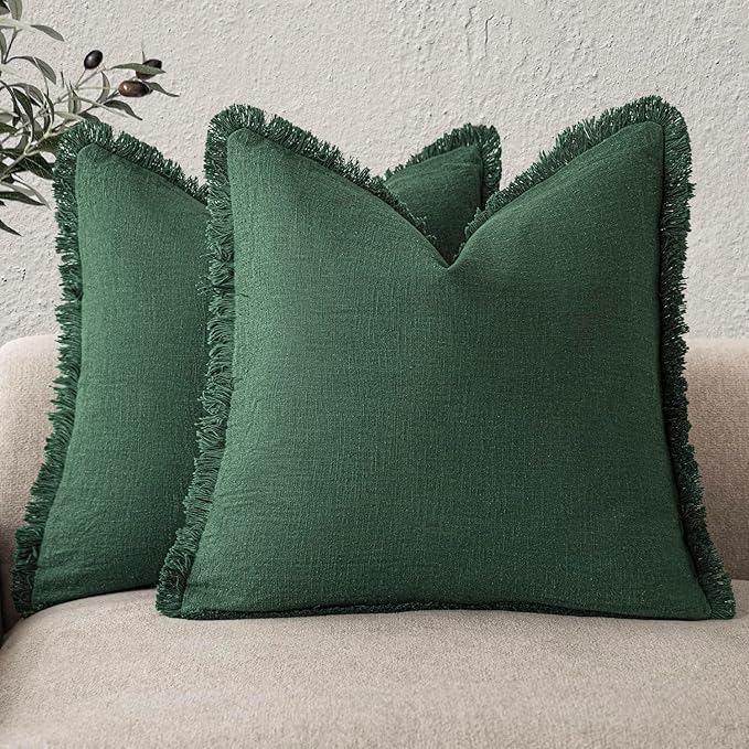 Foindtower Set of 2 Decorative Linen Fringe Throw Pillow Covers Cozy Boho Farmhouse Cushion Cover with Tassels Soft Accent Pillowcase for Couch Sofa Bed Living Room Home Decor, 16×16 Inch, Pine Green