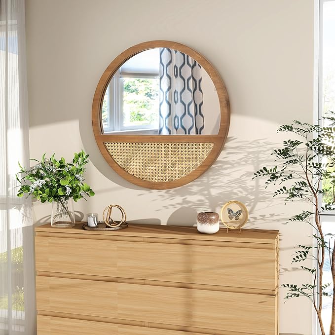 24 Inch Rattan Round Mirror, Vintage Hand-Woven Wooden Framed Wall Mirror for Living Room, Bedroom, Bathroom, Entryway Decor, Natural Hanging Decorative Mirrors for Indoor Wall Art