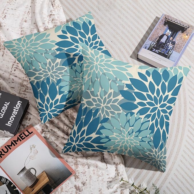 Light Blue Pillow Covers 22X22 Inch Set of 2, Spring Summer Floral Dahlia Flower Cream Decorative Throw Pillow Covers Outdoor Modern Farmhouse Cushion Case for Home Couch Sofa Bed Decor