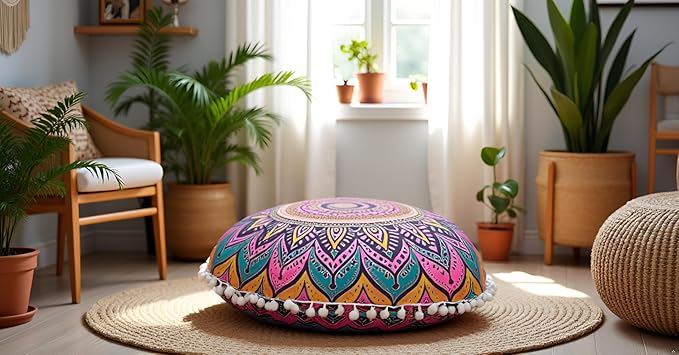 CRAFT KALA 32 Inch Meditation Floor Pillows Cover Round Pillow Seating Hippie Decorative Bohemian Mandala Floor Cushion Cover Outdoor Yoga Living Room Throw Ottoman Poufs Cover (32", New Pink Ombre)