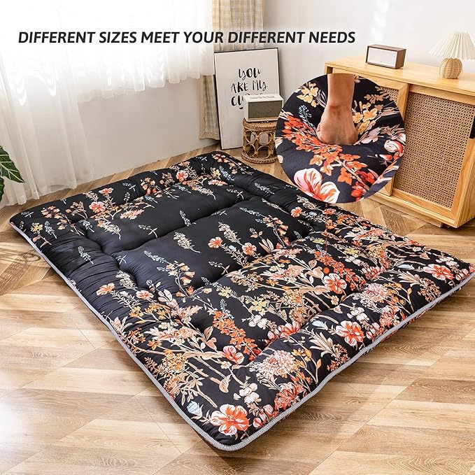 MAXYOYO Black Floral Japanese Futon Floor Mattress, Bed Mattress Topper Portable Thick Sleeping Pad Floor Bed Roll Up Camping Mattress Folding Couch Bed Mattress Pad for Guest Room, Twin Size