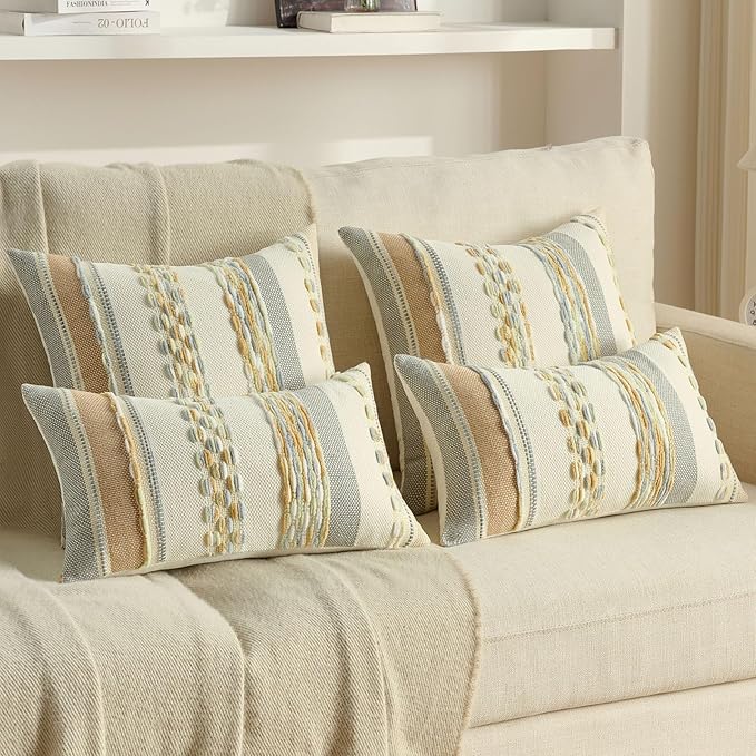 FUTEI Blue Green Khaki Decorative Throw Pillow Covers 20x20 Inch Set of 2, Soft Tufted Striped Textured Accent Cushion Case,Boho Pillows for Couch Decor