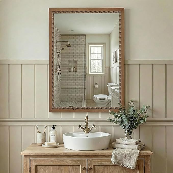 sawsile Rectangular Wood Mirror,22x30 inch Rustic Farmhouse Natural Wooden Frame Boho Beads Wall Mirror for Bathroom,Living Room,Bedroom or Entryway