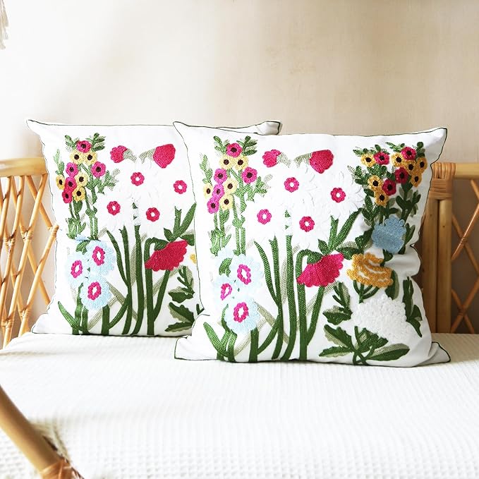 Embroidered Throw Pillow Cover Boho Floral Pillow Covers for Couch Sofa 3D Big Flowers Bohemian Pillow Covers Red Blue White Botanical Leaves 2PCS Pillowcase Covers 18x18 Inch