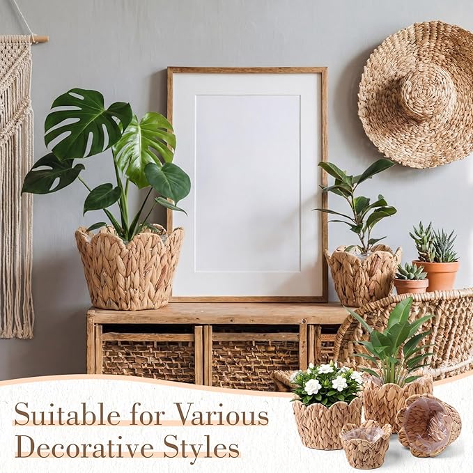 4 Pack Scalloped Wicker Plant Basket Water Hyacinth Plant Baskets Hand Woven Flower Pots Storage Containers with Plastic Liners for Indoor Outdoor Decoration, 10.2, 8.7, 7.5, 6 Inch(Untrim)