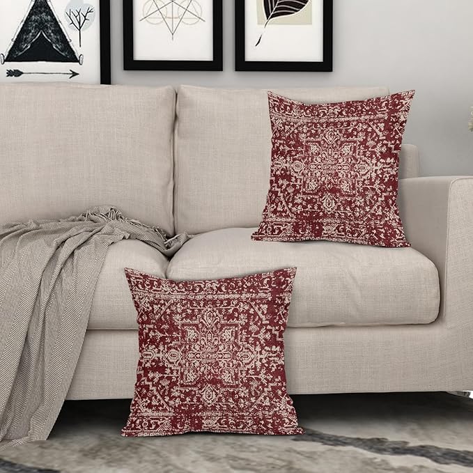 Burgundy Red Boho Throw Pillow Covers 22x22 Inch Decorative Square Beige Tan Gray Maroon Pillow Cases Bohemian Carpet Pattern Ethnic Cushion Covers Farmhouse Home Decor For Sofa Couch Outdoor Set of 2