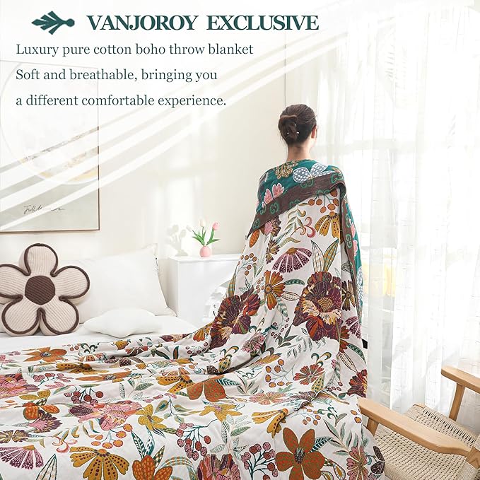 Queen Boho Throw Blanket for Bed, 100% Cotton Muslin Soft Throw-Floral Farmhouse Rustic Decor Blanket for Couch Sofa Quilt and Gift, 80" x 90"-BeigeWhite