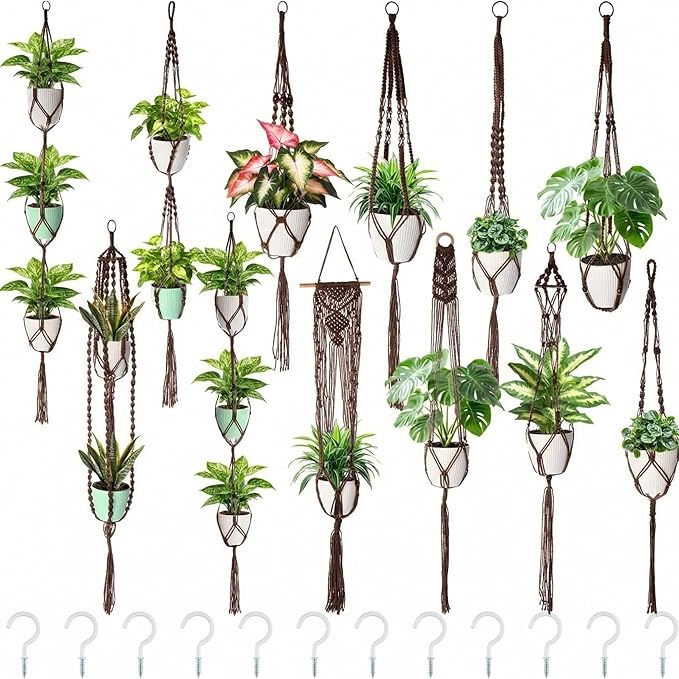 SATINIOR 12 Pcs Macrame Plant Hangers Handmade Boho Hanging Planters 12 Different Tiered Designs with 12 Hooks for Flower Pots Indoor Outdoor Decorative Wall Hanging Baskets for Home(Classic,Brown)
