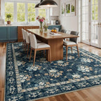 Lessymo Large Area Rugs 9x12 for Living Room, Soft Washable Rug for Bedroom Dining Room Nursery Room Farmhouse, Boho Non Slip Low Plie Carpet Vintage Floral Design, Navy/Beige