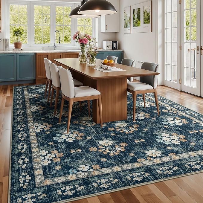 Lessymo Large Area Rugs 9x12 for Living Room, Soft Washable Rug for Bedroom Dining Room Nursery Room Farmhouse, Boho Non Slip Low Plie Carpet Vintage Floral Design, Navy/Beige