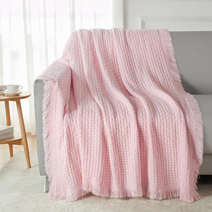 Exclusivo Mezcla Knit Throw Blanket with Fringes for Couch, Reversible Super Soft and Warm Woven Boho Throw for All Season, Home Decor, 50"x60", Light Pink