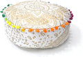 CRAFT KALA 18" Round Large Hippie Mandala Meditation Floor Ottoman Pillow Cushion Pouf Cover Square Poufs Bohemian Circle Floor Cushion Case Outdoor Fireplace Living Room Decor Cover White Gold Flower