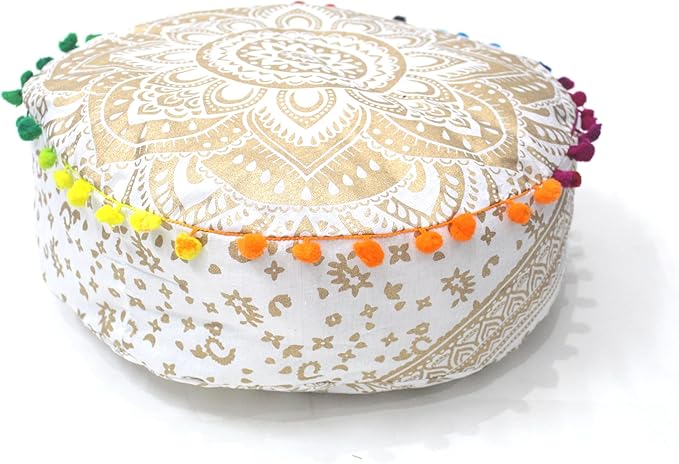 INDIAN CRAFT CASTLE ICC Mandala Barmeri Large Floor Pillow Cover Cushion Meditation Seating Ottoman Throw Cover Hippie Decorative Zipped Bohemian Pouf Ottoman Cases Golden, 24" Round