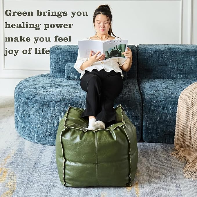 Louis Donné UNSTUFFED Pouf Ottoman, Square 17.7" Faux Leather Floor Footrest Cushion, Waterproof Poofy Ottoman Cover for Storage Living Room Decoration Bedroom Office Chair(ONLY Cover NO Filler)