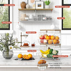 White Fruit Storage Basket for Kitchen Counter Set of 2, Wall Mount Wire Fruit Basket with Shelf with Banana Hanger, Hanging Countertop Organizer for Bathroom Pantry Cabinet, White + Natural