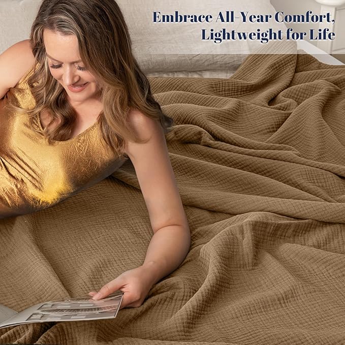 PHF 100% Cotton Muslin Throw XL Blanket Large 50" x 70", 4-Layer Lightweight Gauze Throw, Breathable Cloud-Soft Minimalist Blanket for Bed, Couch, Camping & Baby, Clay, Ideal Gift