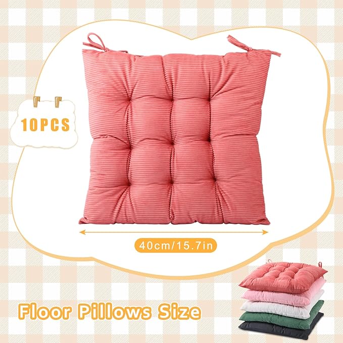 Geetery 10 Pcs Corduroy Chair Cushion with Ties Soft Square Floor Pillows Bulk Seating Cushions, 15.7'' Large Thick Meditation Sitting Mat for Yoga Tatami Classroom Nursery(Colorful)