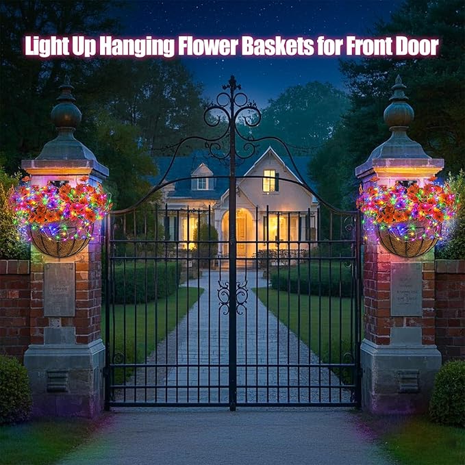 GOESWELL Outdoor Fall Basket with Artificial Flowers: 10 Inch Solar Hanging Faux Silk Flower Basket with String Lights for Porch Patio Wall Tree Decor - Autumn Home Garden Decor for Outdoor