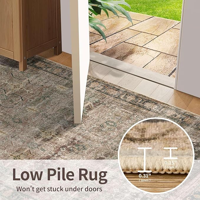 8x10 Area Rugs for Living Room Bedroom, Large Washable Rug, Brown Vintage Retro Boho Rug, Non Slip & Low Pile Faux Wool Thin Carpet for Indoor Dining Room and Kids Room(Charcoal/Olive 8x10ft)